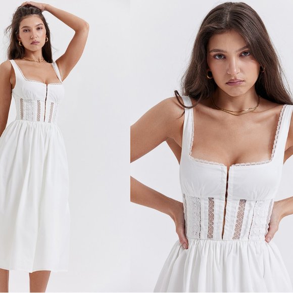 HOUSE OF CB 'Perle' White Lace Trim Midi Dress NWOT - Picture 3 of 12